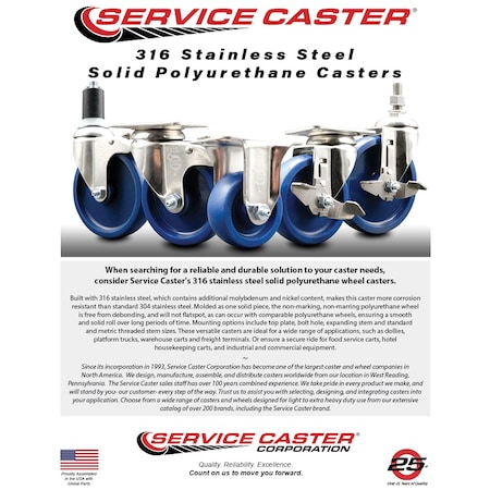 Service Caster 3 Inch 316SS Solid Poly Swivel 1-1/4 Inch Expanding Stem Caster Lock Brake, 2PK SCC-SS316TTLEX20S314-SPUS-2-S-2-114